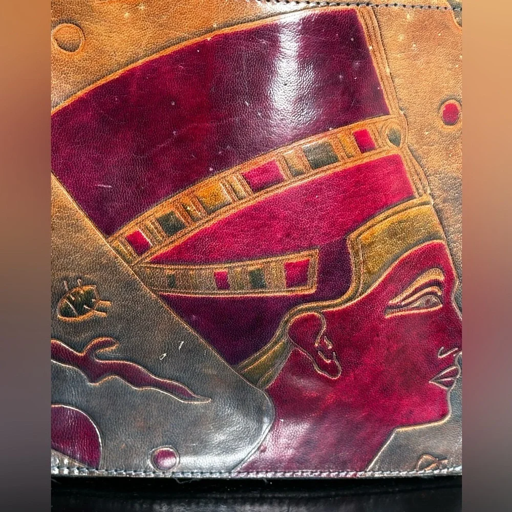 80’s NEFERTITI EGYPTIAN motif hard to find Handcrafted Leather Tote shoulder bag